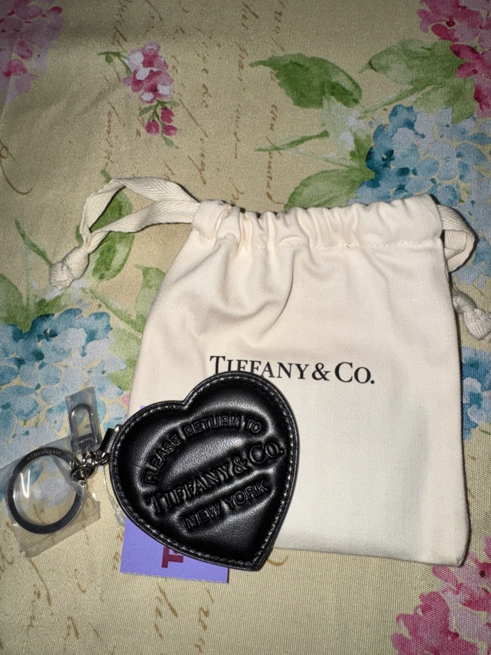 Tiffany & Co. Black Heart Key Charm with Drawstring Pouch
